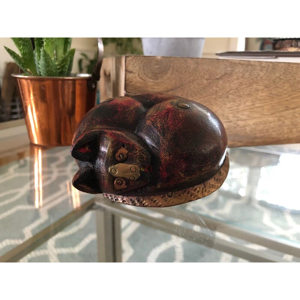 Vintage Hand Carved Wood Sleeping Cat with Brass Copper Detailing, Paperweight